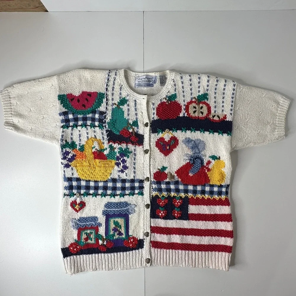 Signatures Northern Isles Hand Knit‎ Sweater White Fruit Americana Vtg 90s Sz L